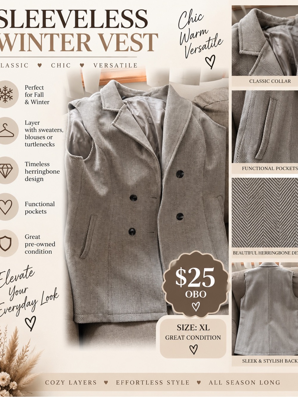 Sleeveless Winter Vest - Gray Herringbone
